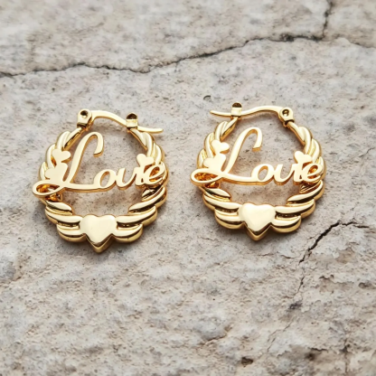 Personalized Heart Nameplate Twisted Hoop Earrings Gold Plated