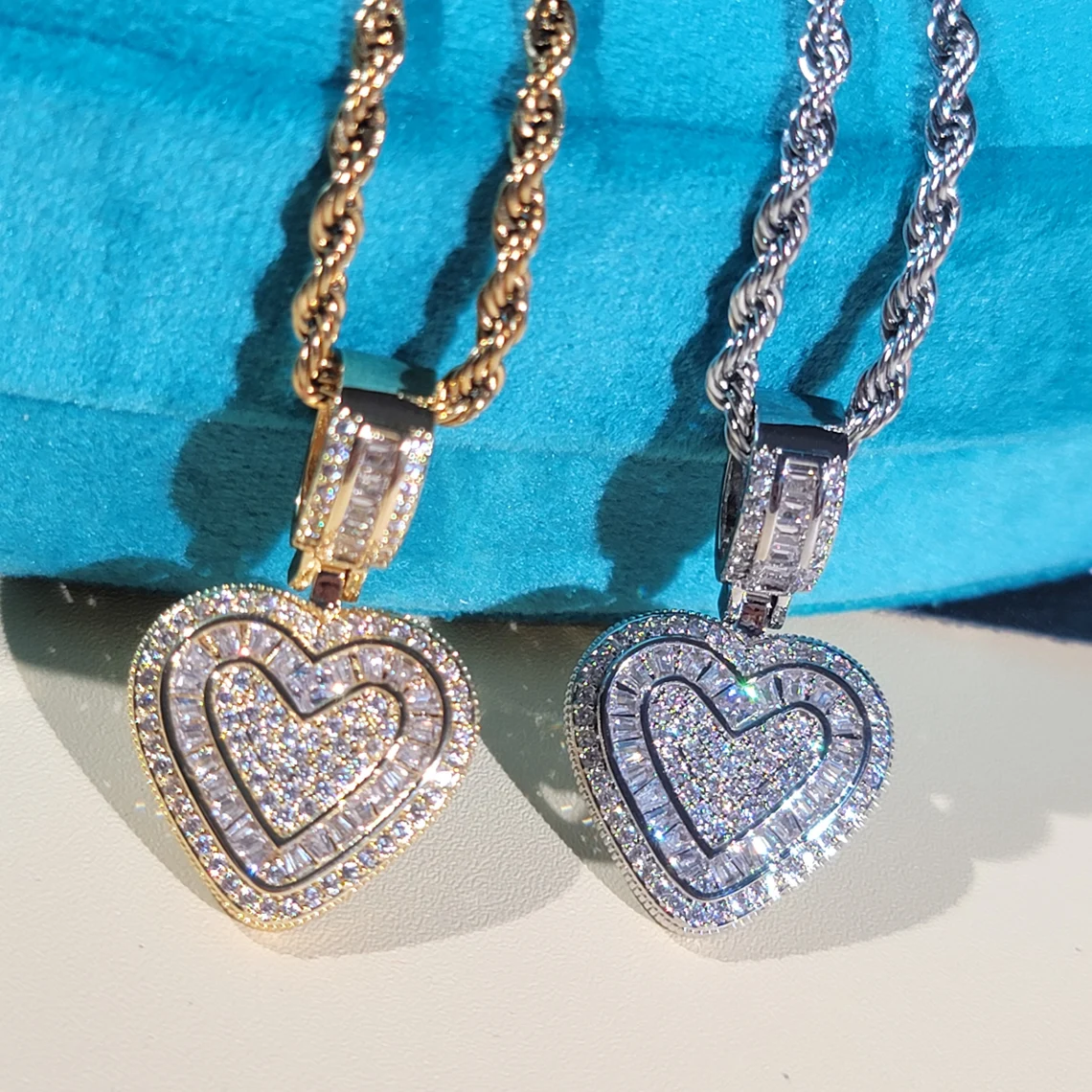 Rope Chain Iced Out Mini Baguette Heart Pendant Necklace
