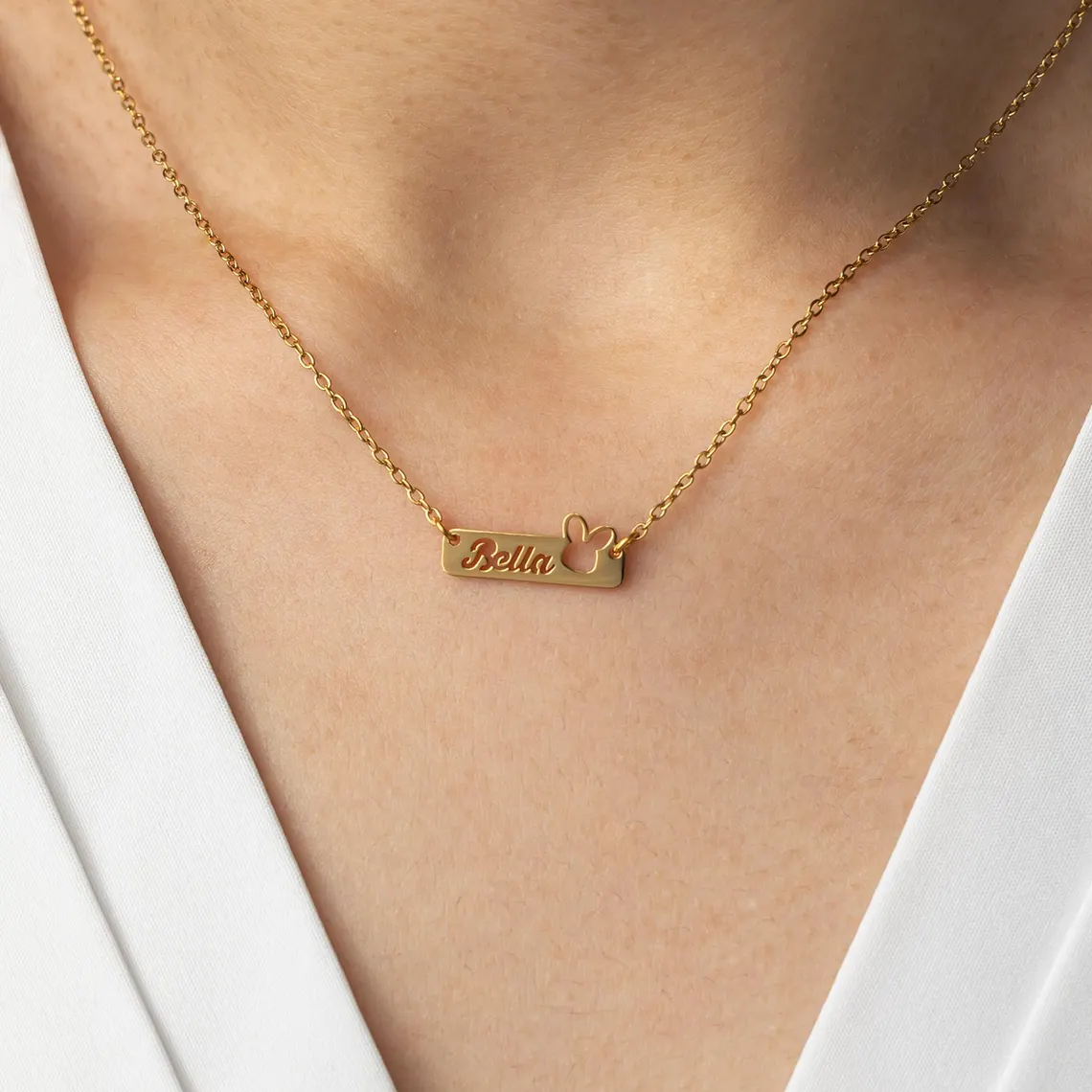 Hollow Bunny Rabbit Personalized Heart Name Bar Necklace Easter Gift