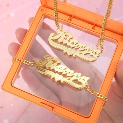 Double Layer With Heart Nameplate Personalized Custom Gold Plated Name Necklace and Bracelet Set
