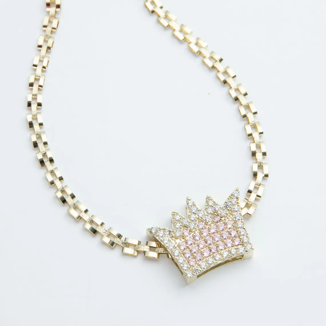 6.5mm RX Chain with Pink Zircon Crown Pendant Necklace RX Style