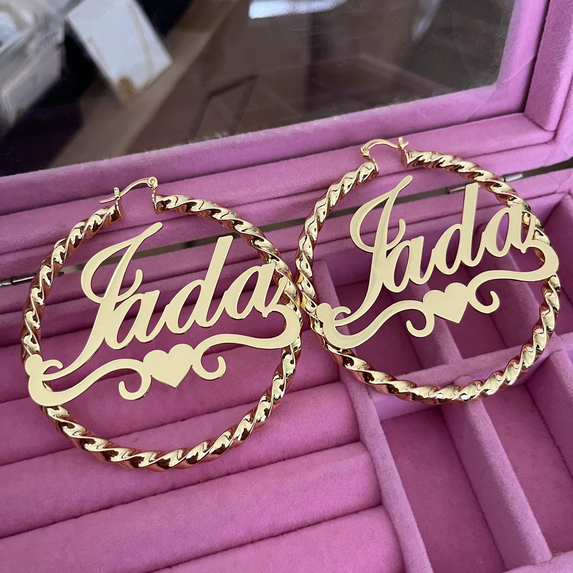 Custom Heart Nameplate Twist Hoop Earrigns Gold Plated