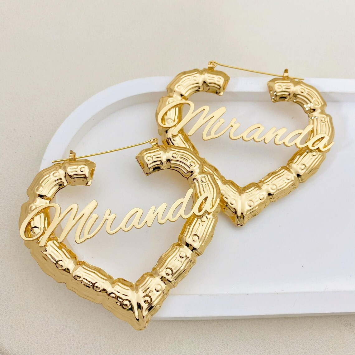 Heart Nameplate Necklace and Bamboo Earrings 2pc Set