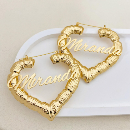 Heart Nameplate Necklace and Bamboo Earrings 2pc Set