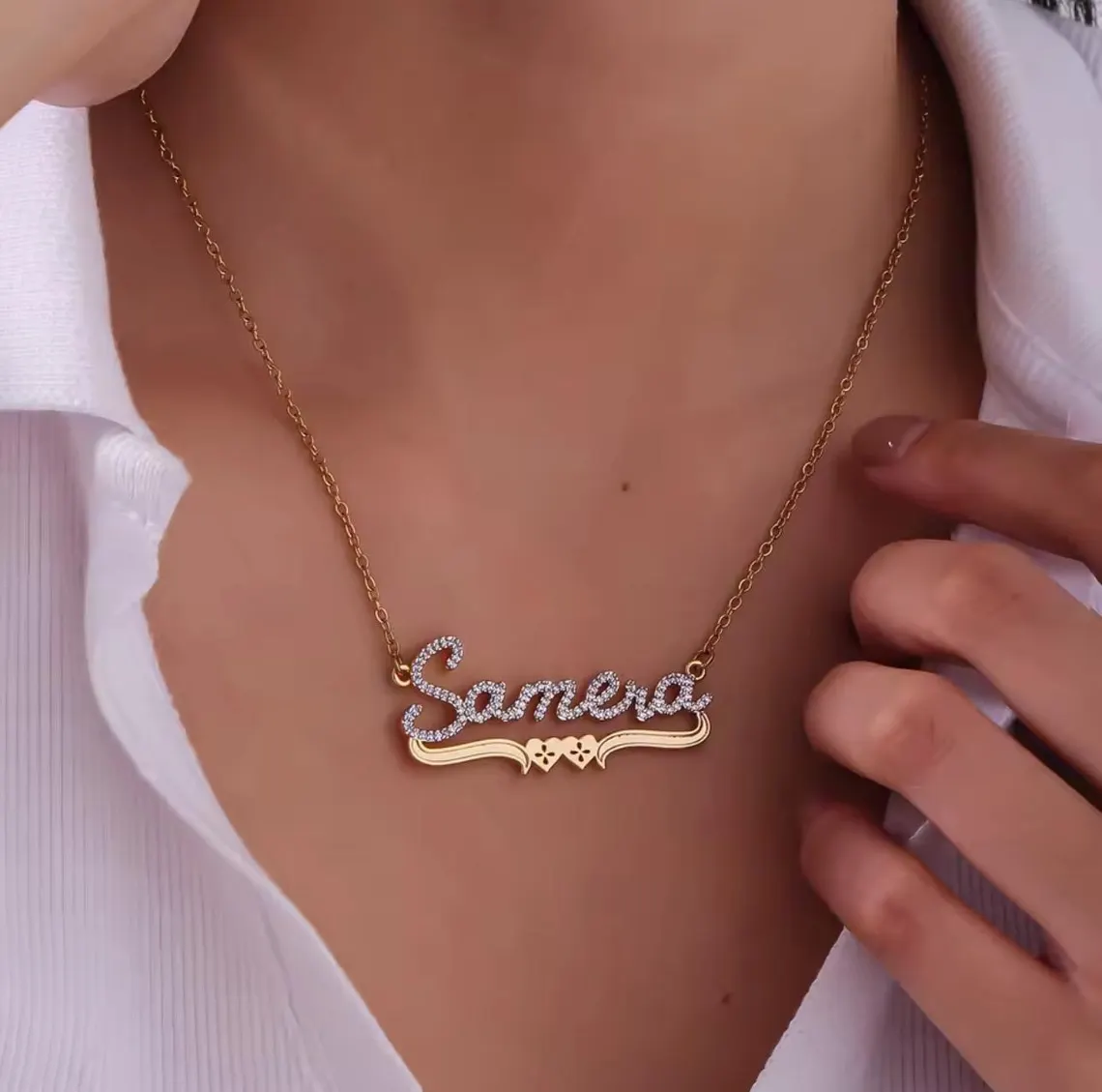 Bling Personalized Double Hearts Zirconia Name Necklace Diamond Cut