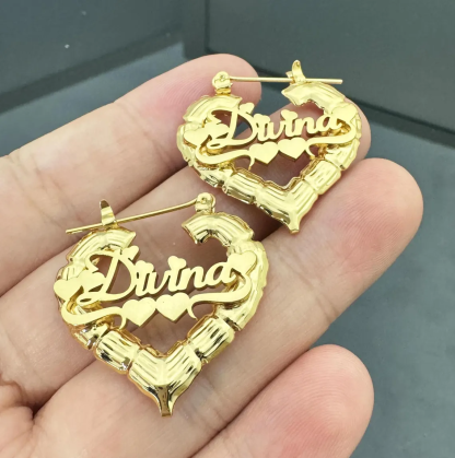 Personalized Heart Shaped Bamboo Name Earrings