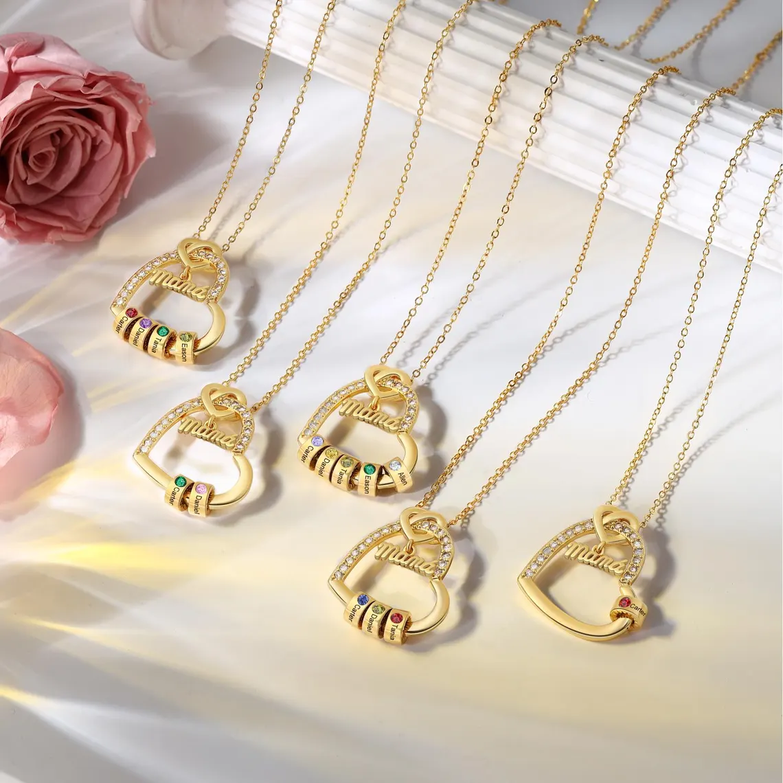 Love Mom 1-5 Name Beads and Birthstones Custom Family Pendant Necklace