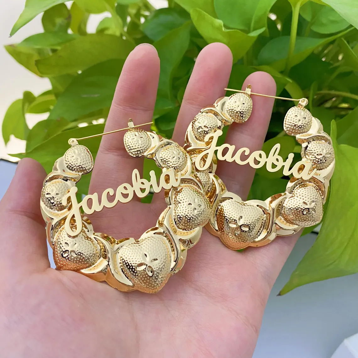 Custom Large Heart Xo Bamboo Name Earrings Gold Plated