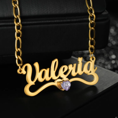 Gold Plated Personalized Nameplate with Heart Birthstone Jewelry Set 3pcs