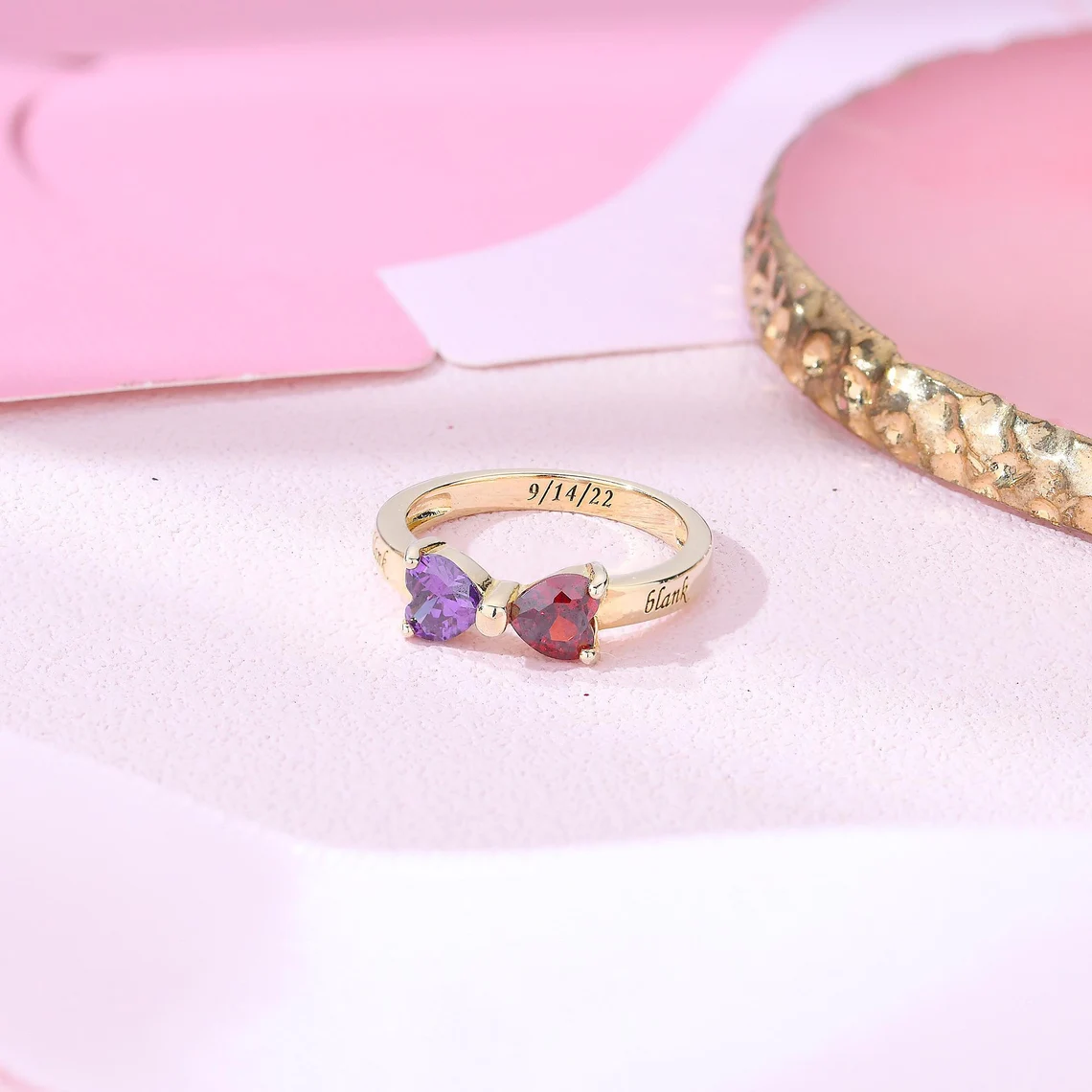 Two Love Hearts Birthstone Engraved Name Date Personalized Ring