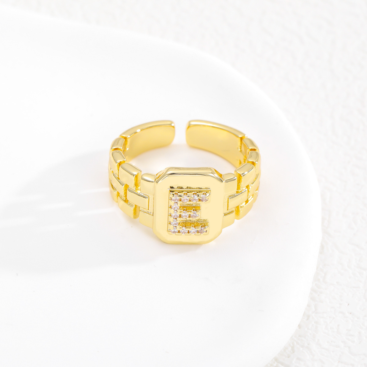 Zirconia Letter Watch Band Initial Ring Gold Plated