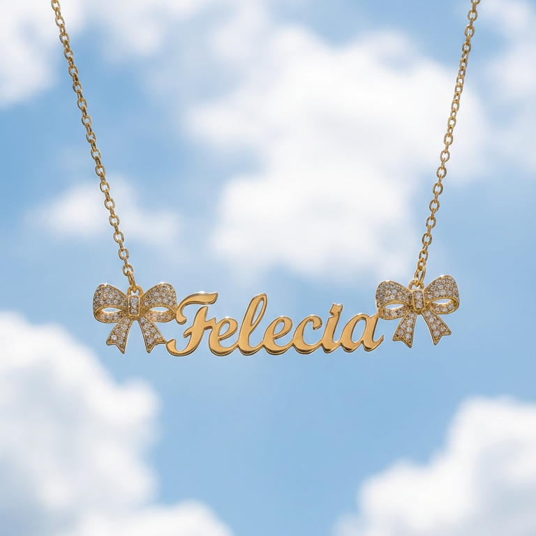 Personalized Double Zirconia Bows Ribbon Nameplate Necklace Girly Necklace