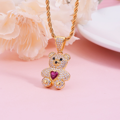 Cute Zircon Birthstone Teddy Pendant and Acrylic Pink Heart Name Necklace Set