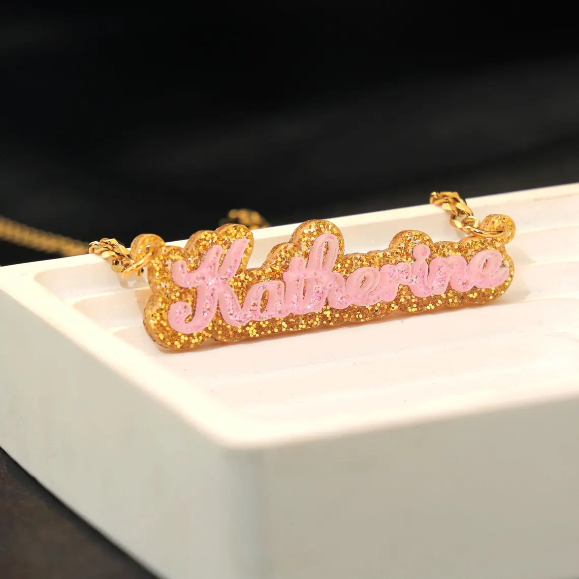 Personalized Acrylic Golden Sequins Pink Nameplate Necklace
