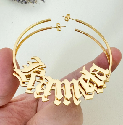 Personalized Old English Font Nameplate Hoop Earrings Gold Plated