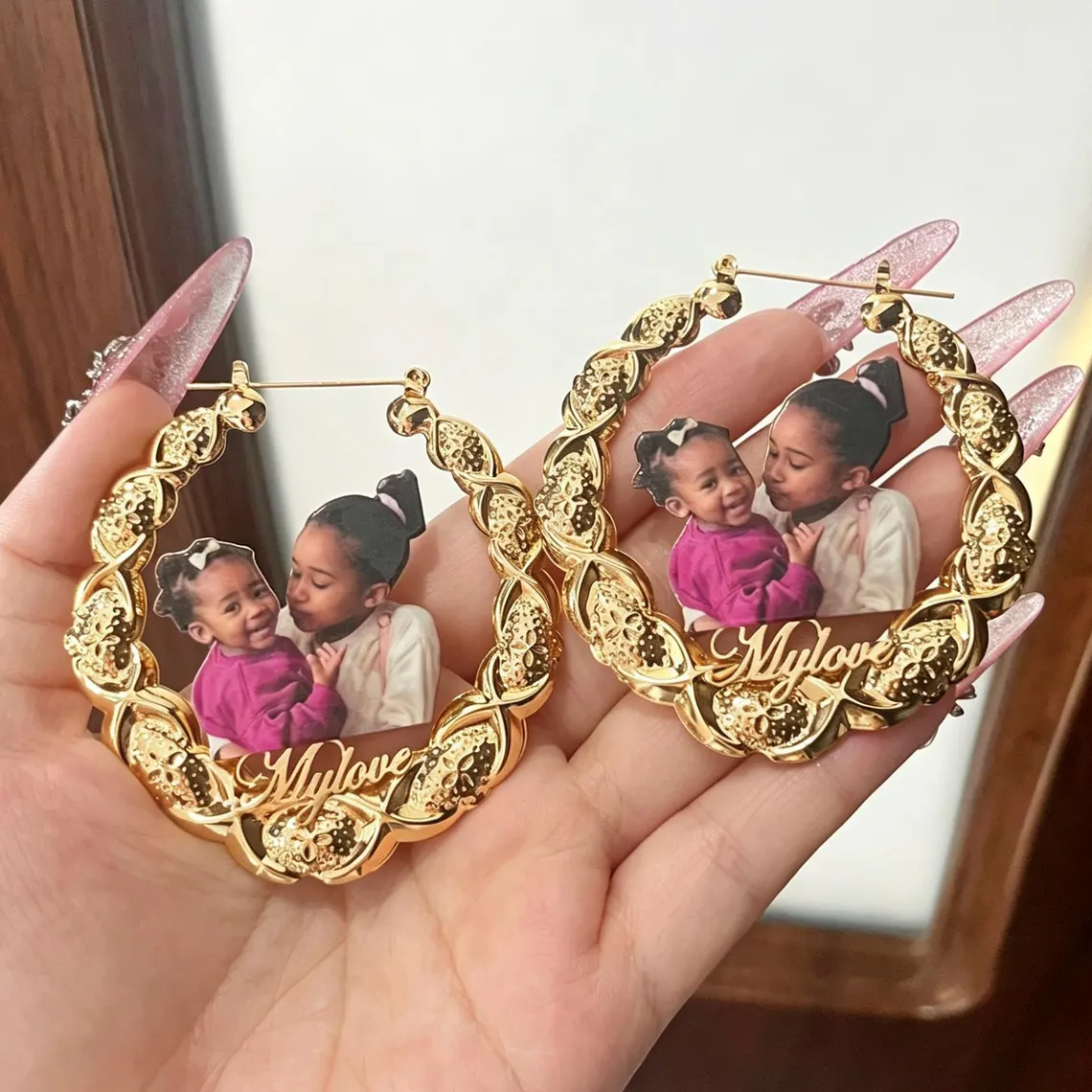 Custom Gold Plated Photo Portrait Name Xoxo Bamboo Earrings