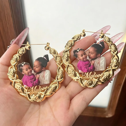 Custom Gold Plated Photo Portrait Name Xoxo Bamboo Earrings