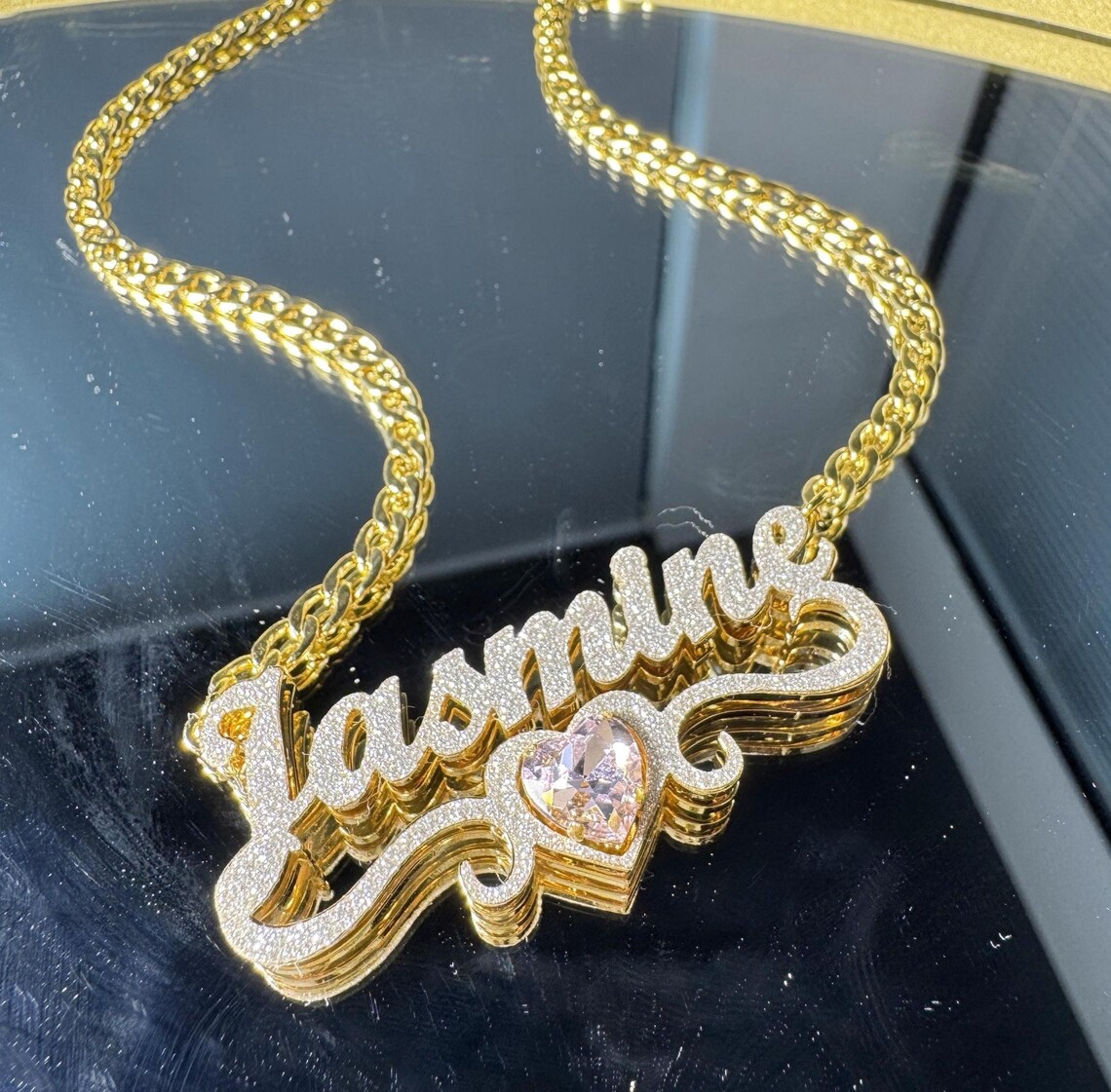 Double Layer Shiny Heart Birthstone Custom Name Necklace