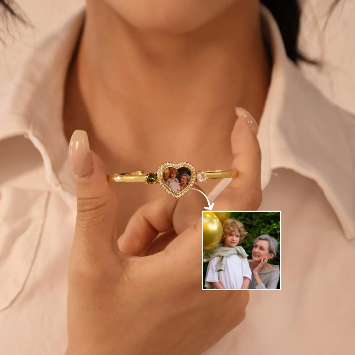 Custom Heart Photo with Two Birthstones Bangle Bracelet