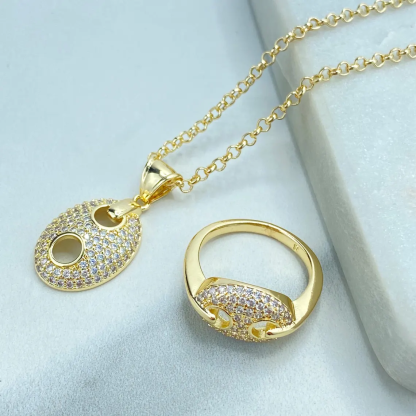 Zirconia Puffed Mariner Anchor Chain Gold Plated Jewelry Set 4pcs