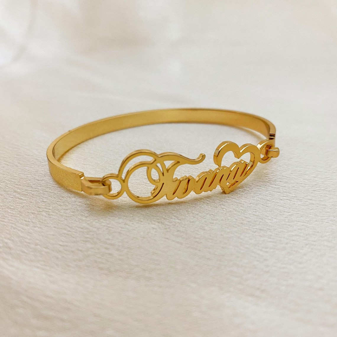 Custom Name Bangle Bracelet with Heart Gold Plated