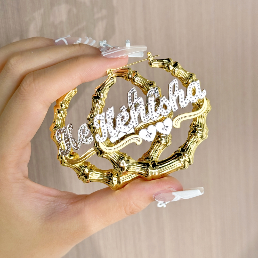 Personalized Two Tone Heart Name Bamboo Earrings