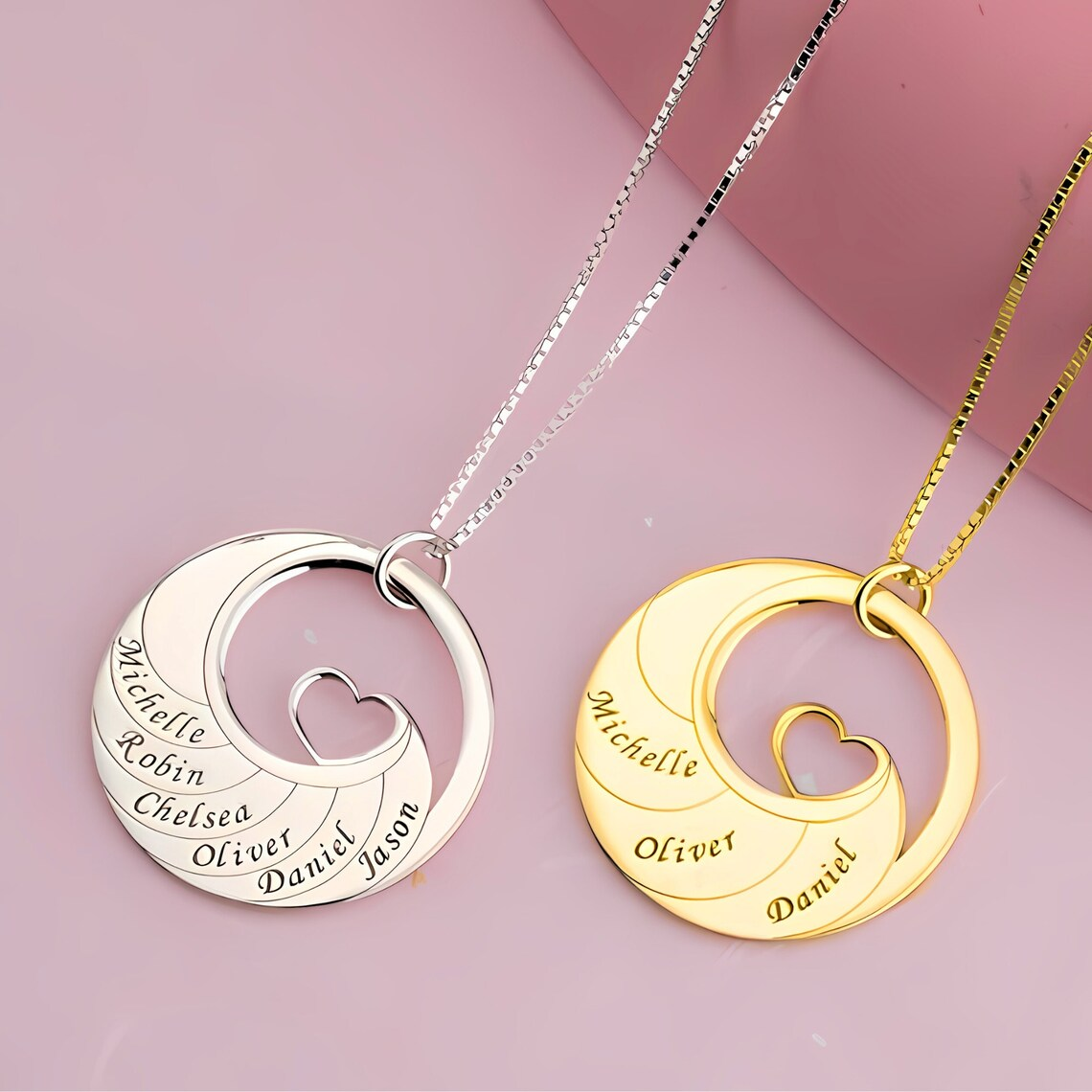 Heart Round Pendant Custom 2-6 Engraved Names Family Necklace