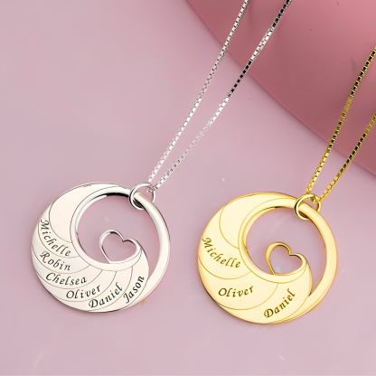 Heart Round Pendant Custom 2-6 Engraved Names Family Necklace
