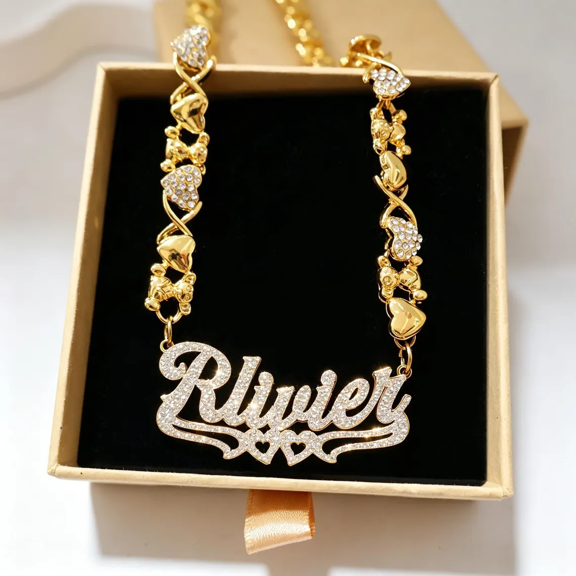 Xoxo Heart Chain Custom Shiny Double Heart Name Necklace