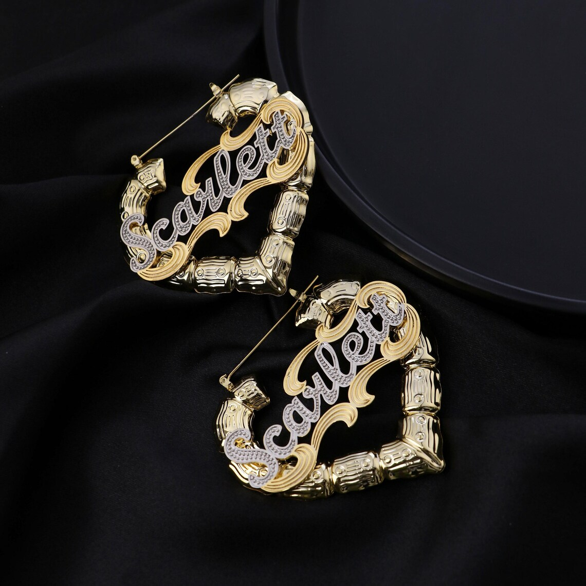 Custom Two Tone Name Earrings Heart Bamboo Earrings