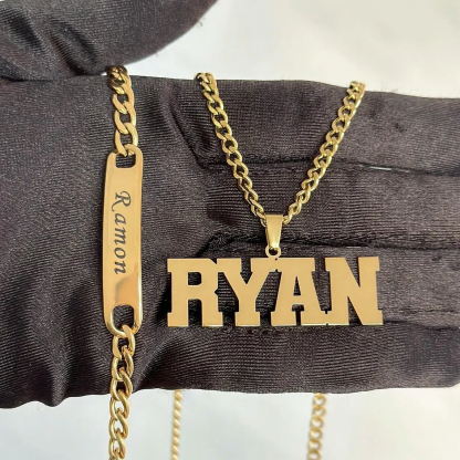 Customized Nameplate Pendant Necklace and Engraved ID Bracelet Set