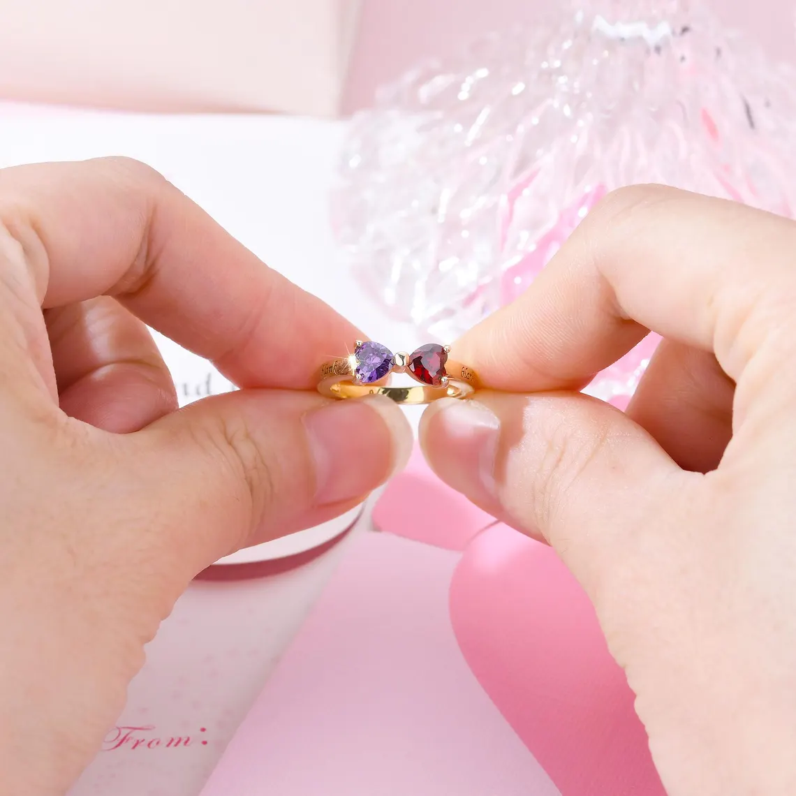 Two Love Hearts Birthstone Engraved Name Date Personalized Ring