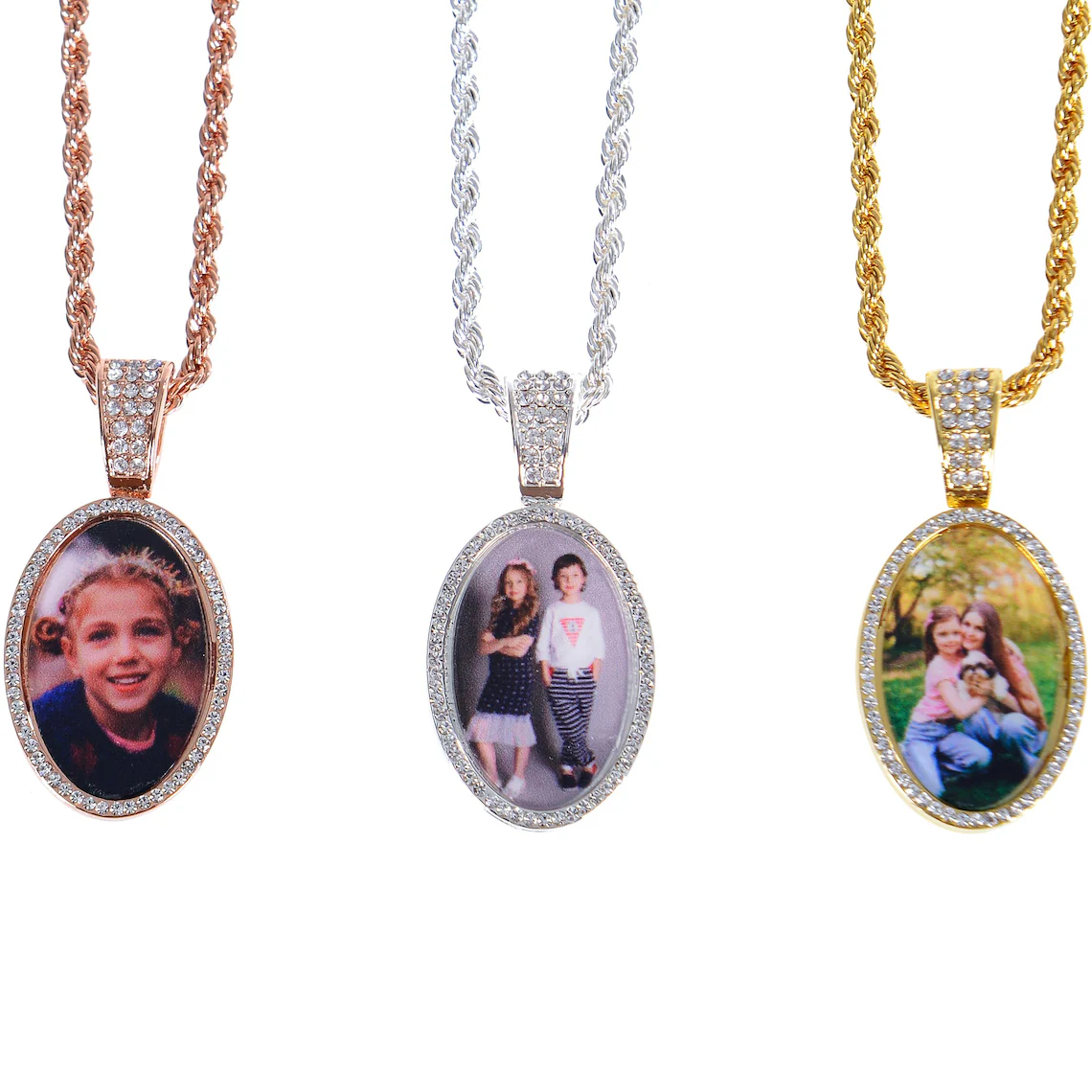 Personalized Diamond Oval Photo Pendant Necklace Rope Chain