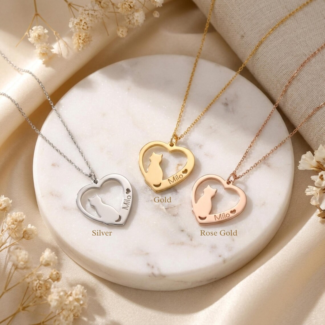 Personalized Heart Pendant with Cat Engraved Name Necklace