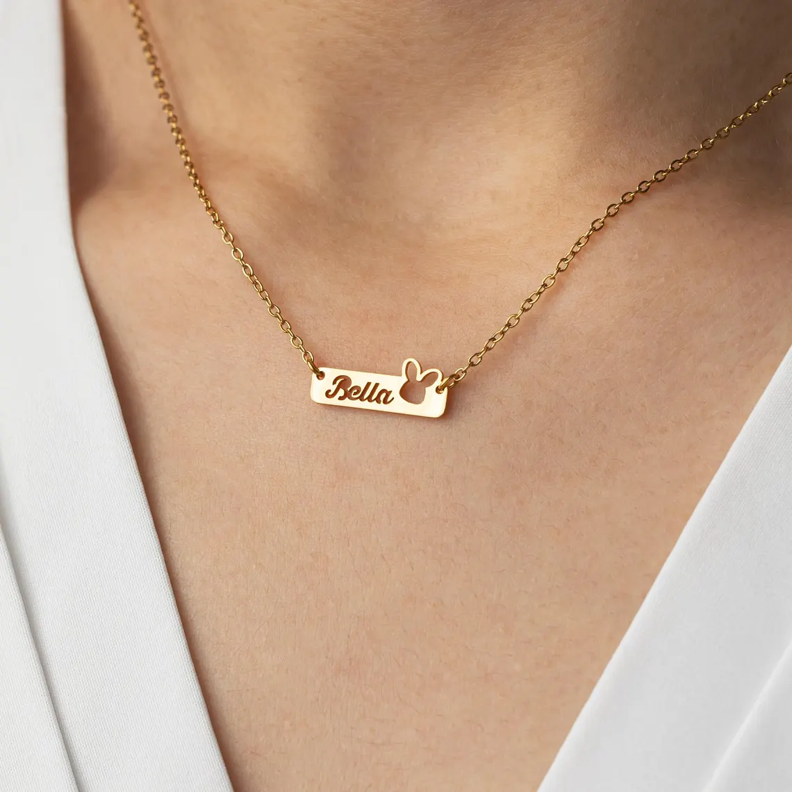 Hollow Bunny Rabbit Personalized Heart Name Bar Necklace Easter Gift