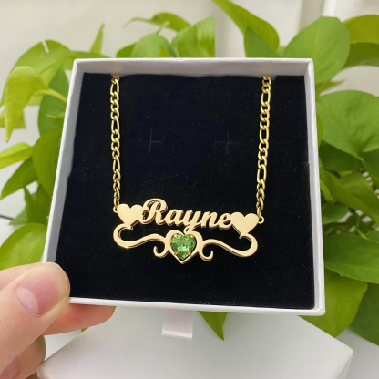 Personalized Three Hearts Birthstone Double Plate Name Necklace