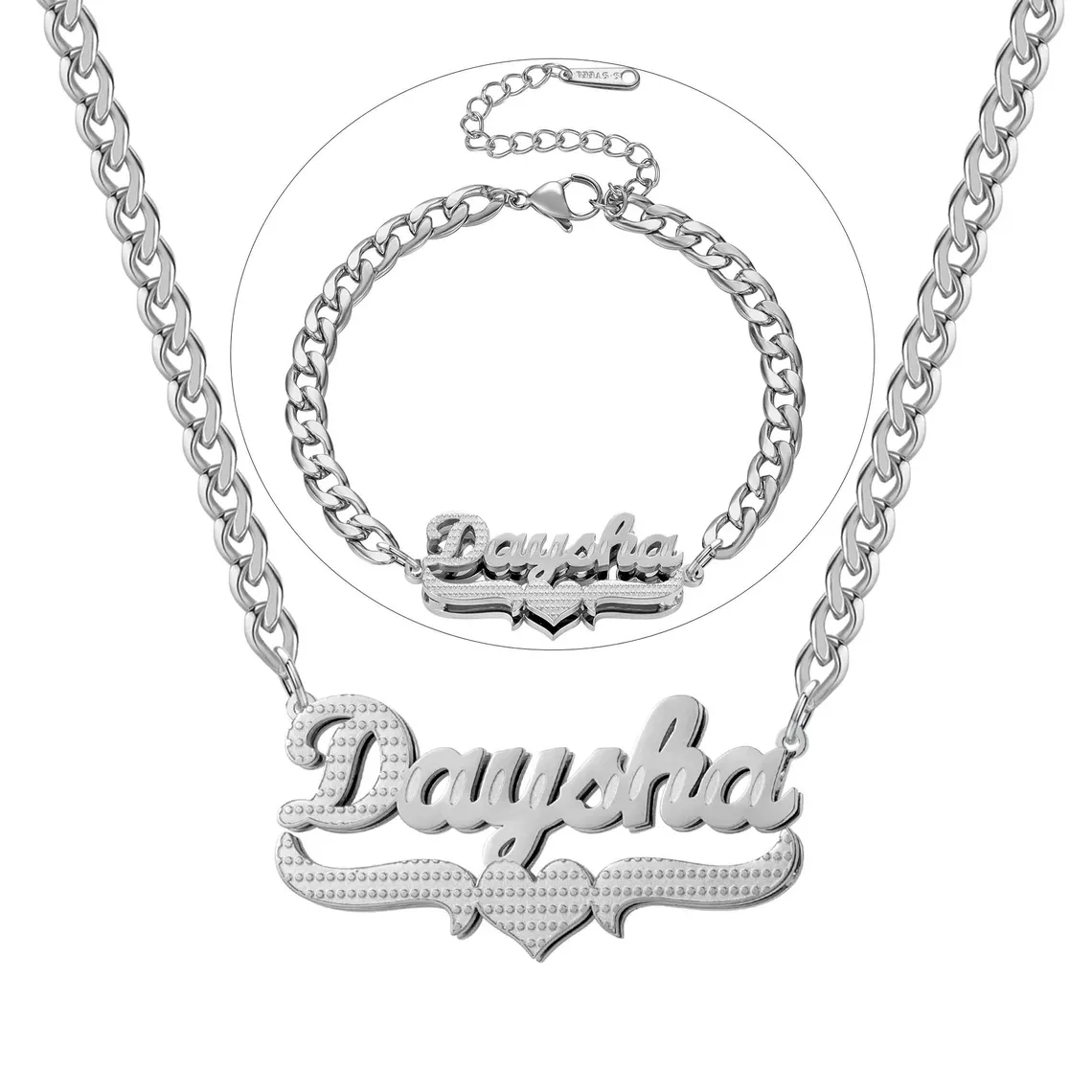Custom Double Plate Heart Name Necklace Bracelet Jewelry Set