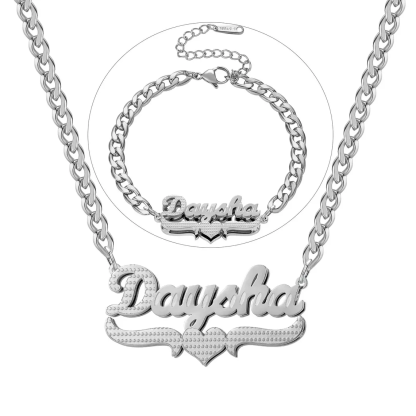 Custom Double Plate Heart Name Necklace Bracelet Jewelry Set