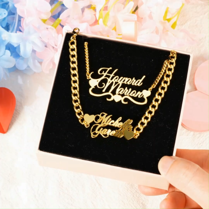 Cuban Chain Two Hearts Two Names Personalized Necklace And Bracelet Jewelry Set 2pcs Gift For Love