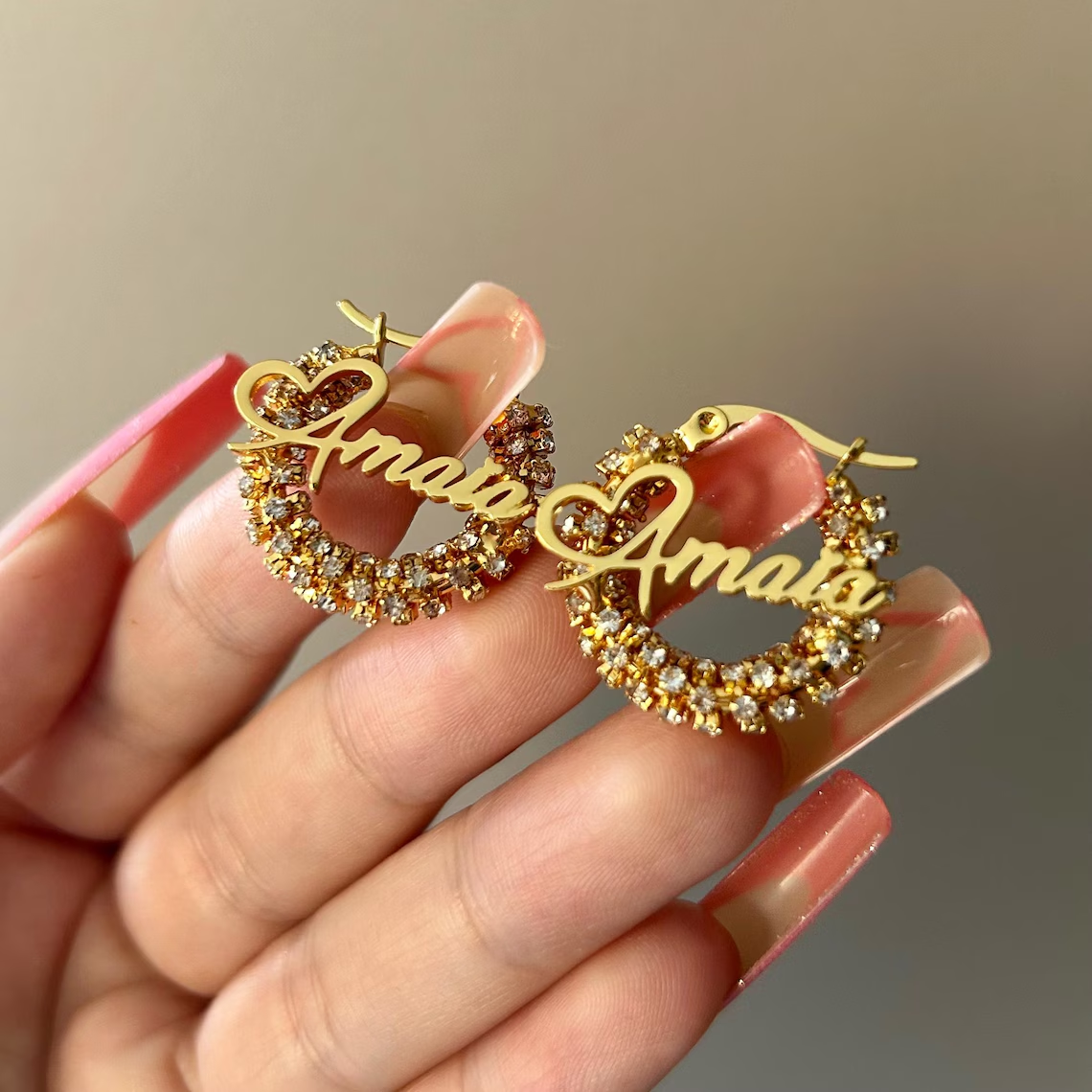 Personalized Script Heart Name Gold Hoops Earrings