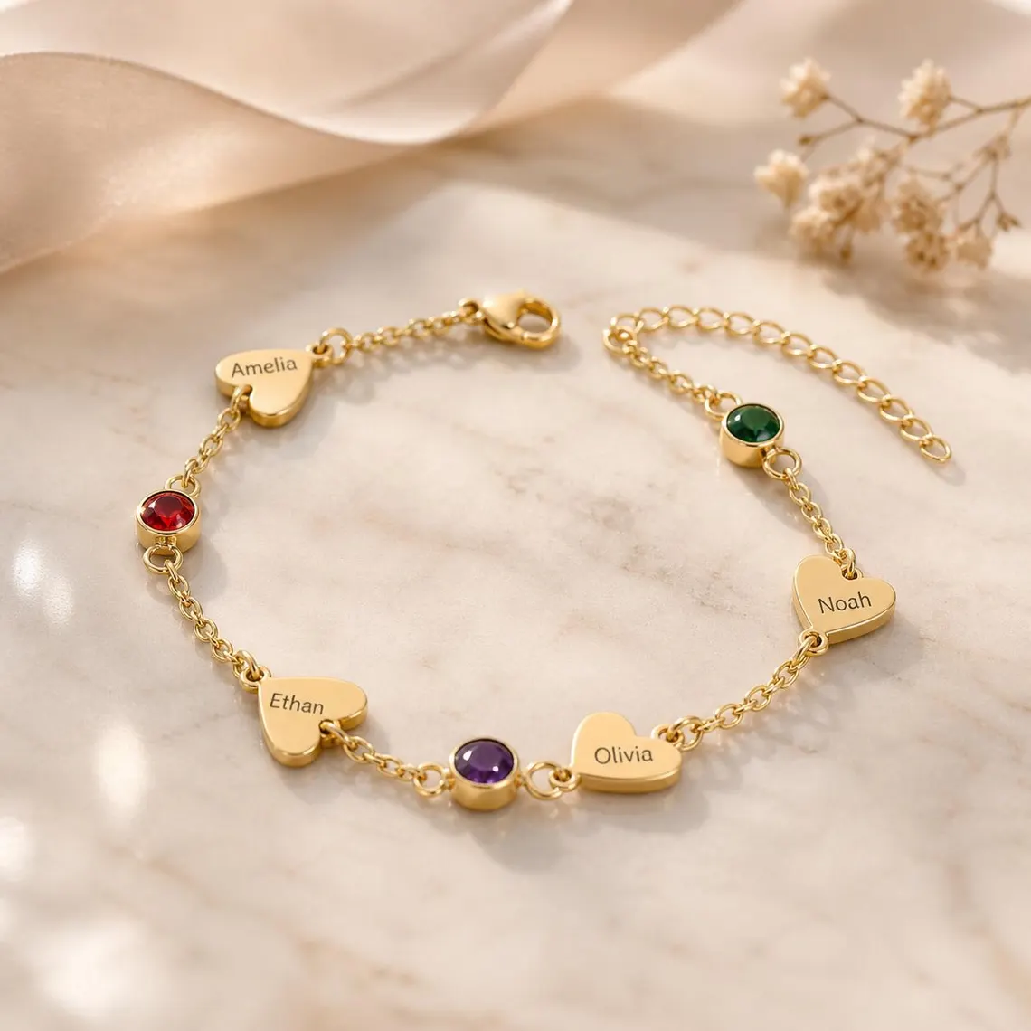 Customized Family 1-4 Birthstone and Hearts Engraving Names Bracelet