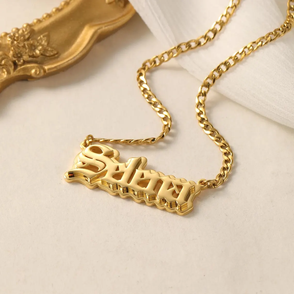 Custom Old English Name Necklace Double Plated Cuban Link Pendant