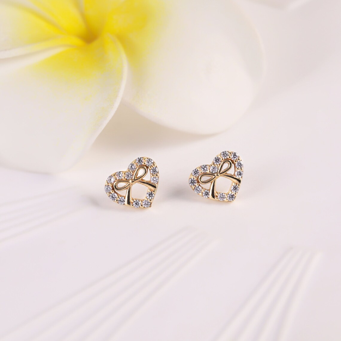 Dainty Zirconia Heart Bowknot Stud Earring Ribbon Earrings