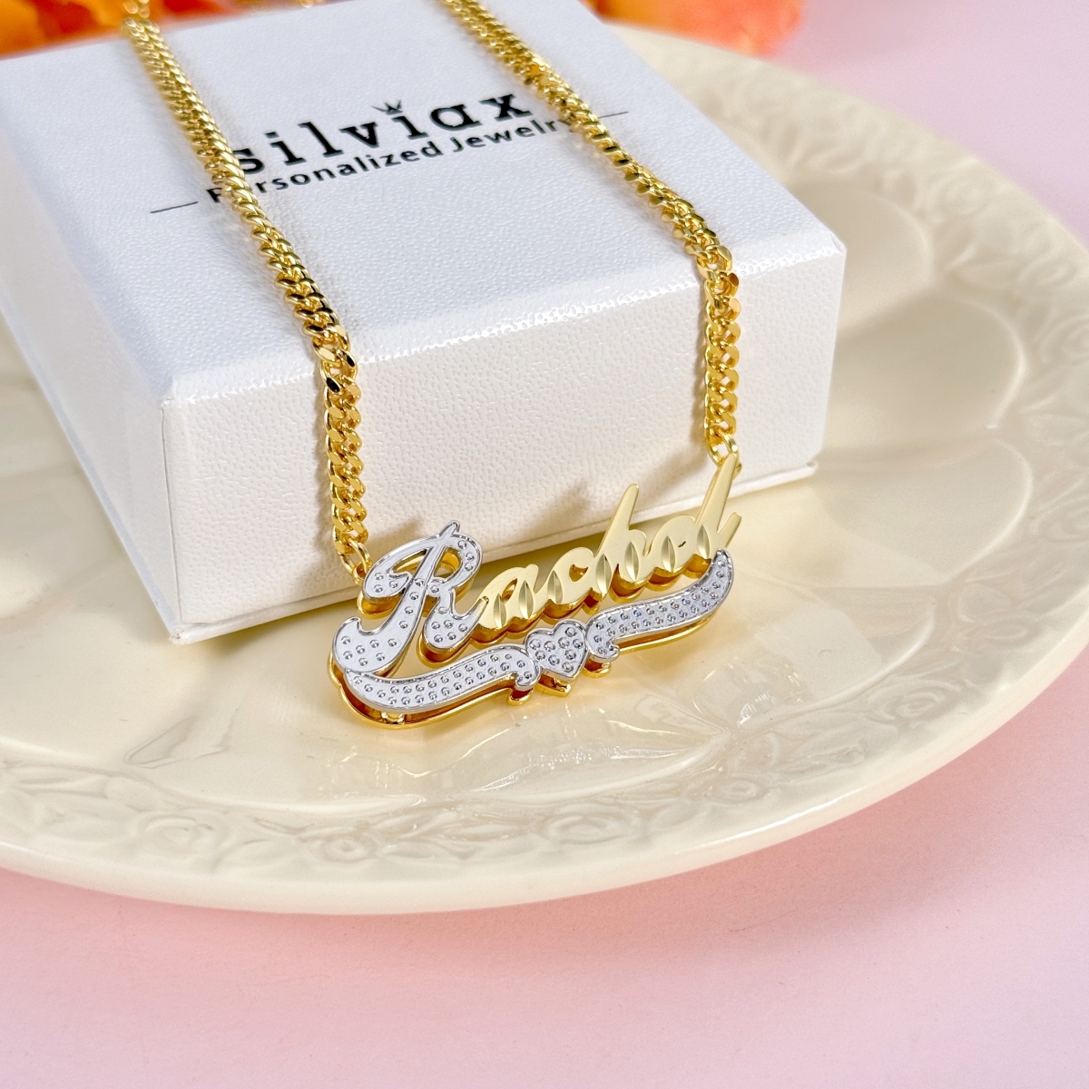 Double Layer Two Tone Heart Nameplate Personalized Custom Name Necklace Gold Plated Jewelry Gift For Women Girl