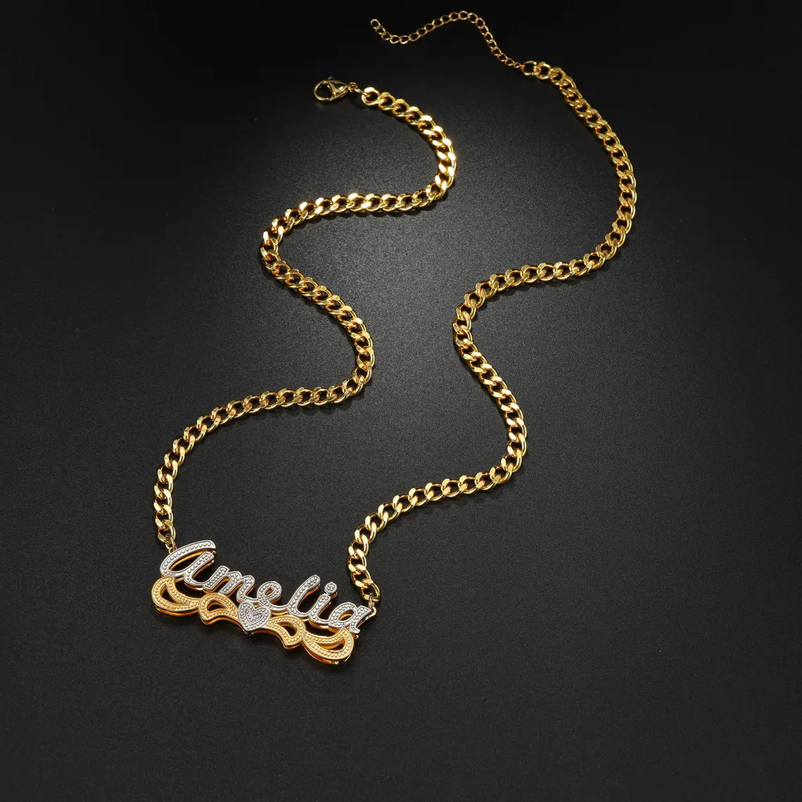 Custom Two Tone Double Plate Diamond Cut 3D Heart Name Necklace