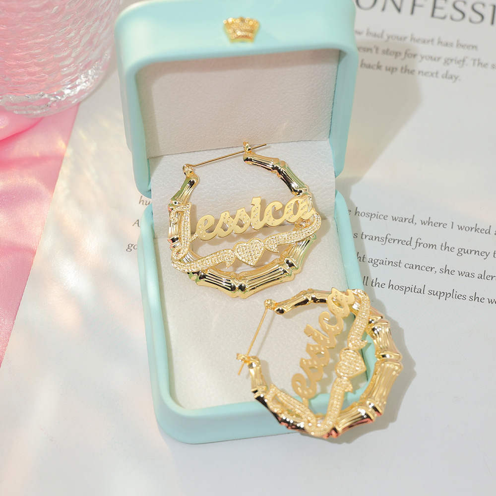 Customized Diamond Cut Heart Nameplate Bamboo Earrings
