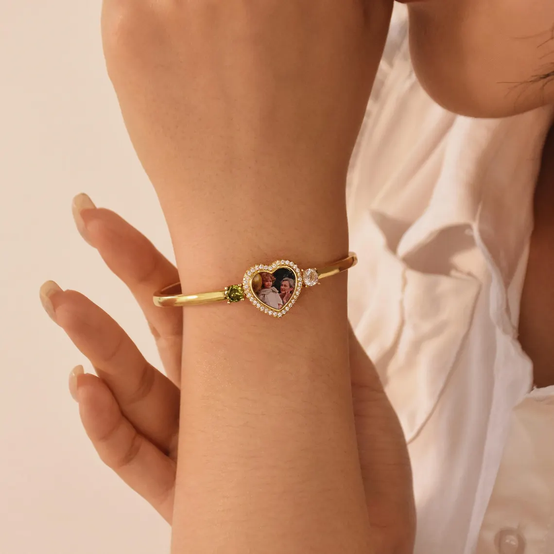 Custom Heart Photo with Two Birthstones Bangle Bracelet