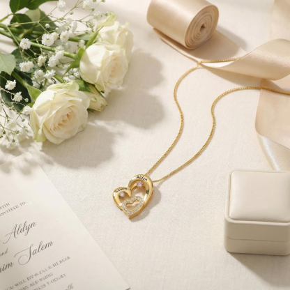 Custom Zirconia Heart Pendant with Two Engraved Names and Birthstones Necklace