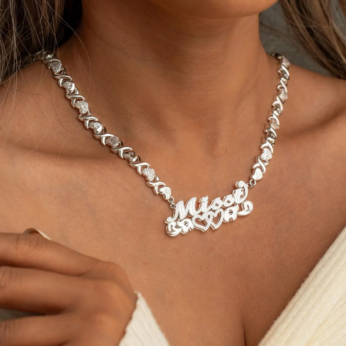 Heart XOXO Chain Double Layer Two Hearts Custom Name Necklace