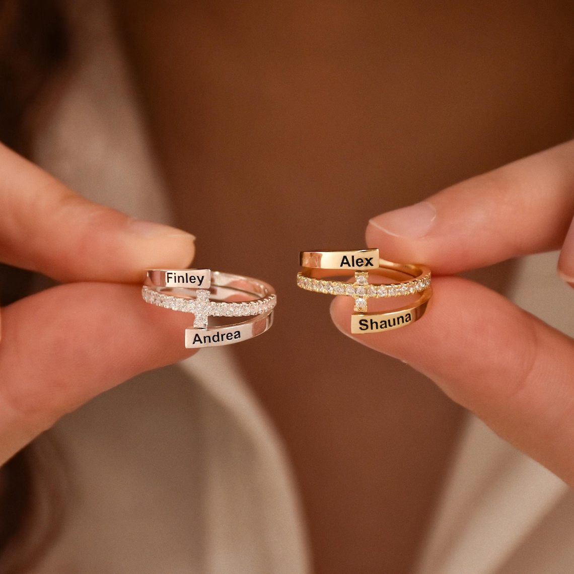 Zirconia Cross Two Names Promise Engagement Wedding Ring Couple Ring